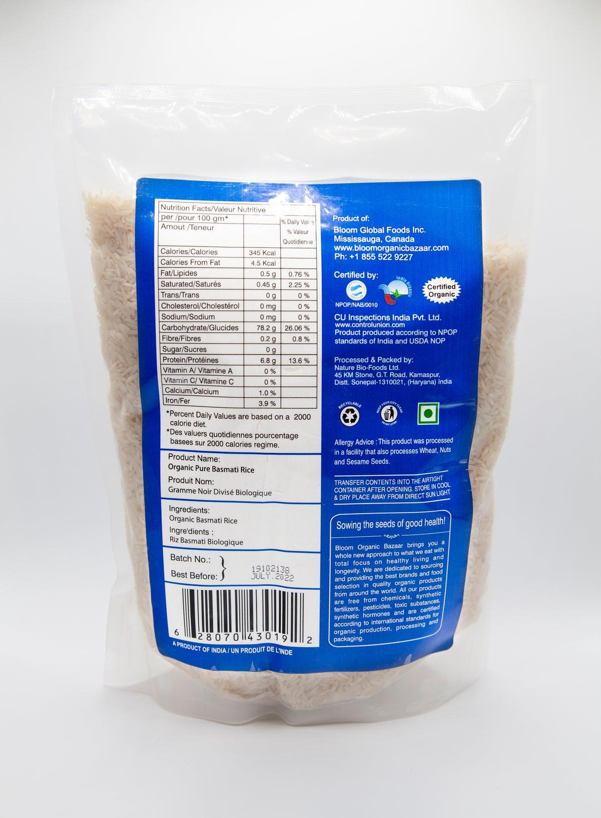 Bloom Organic Pure Basmati Rice 2lbs & 1.5kg