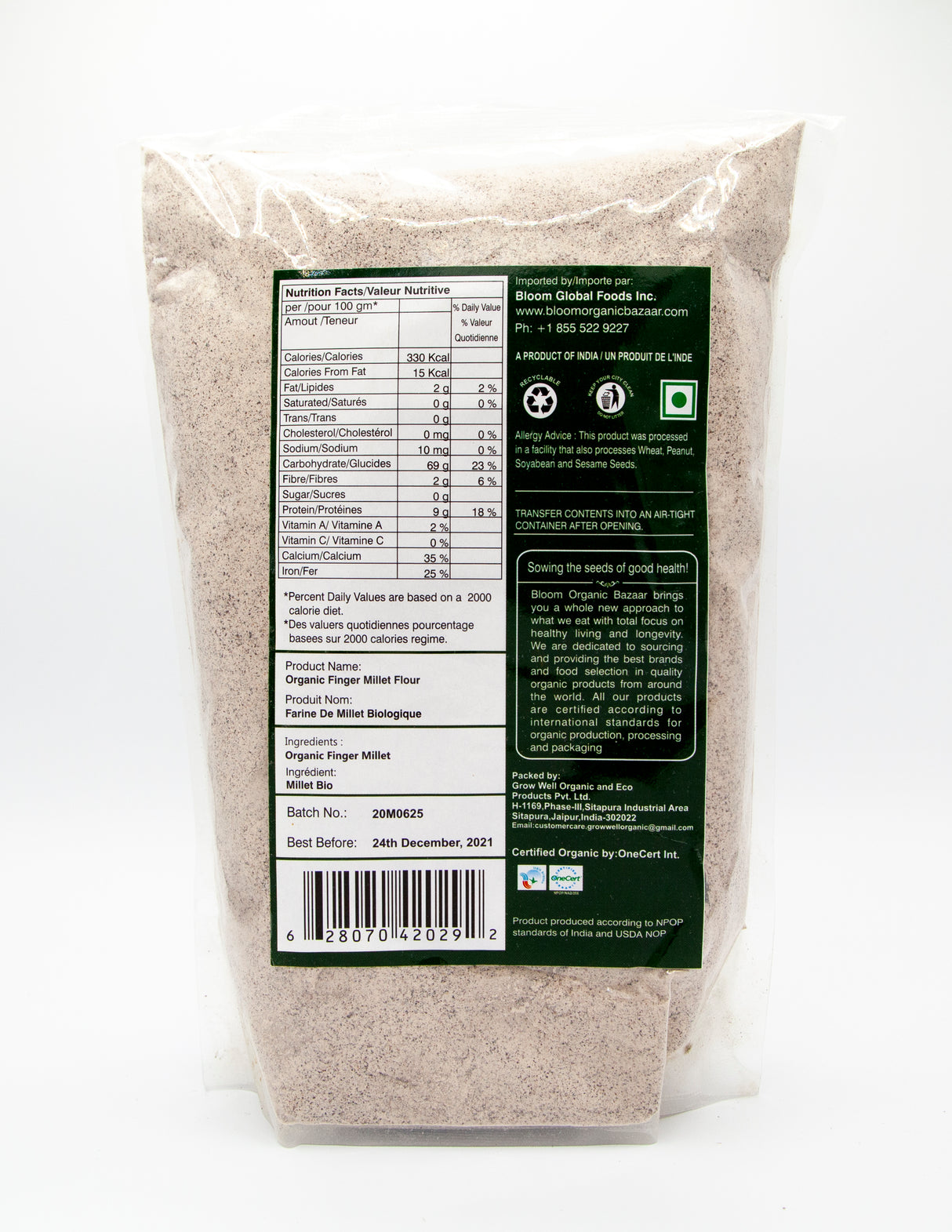 Bloom Organic Bazaar Ragi Atta (Finger Millet) 2lbs.