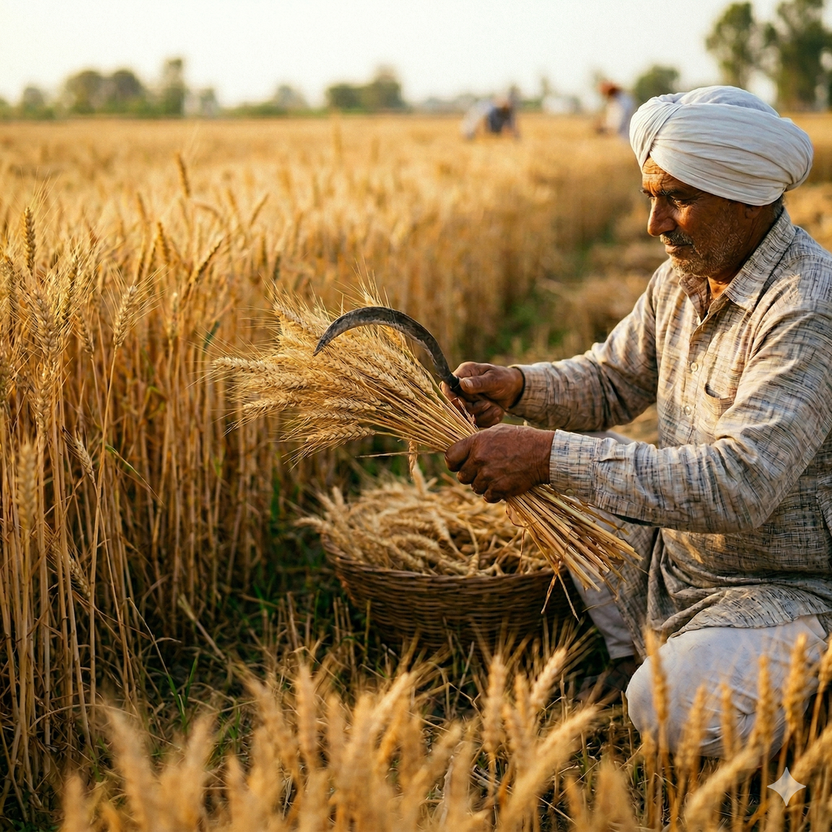 Indian farmer harvesting wheat
